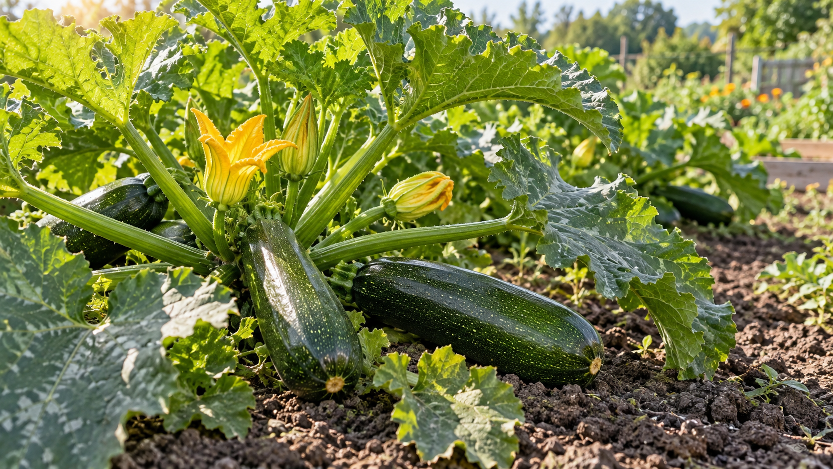 Zucchini and yellow flowers in a sunny garden bed