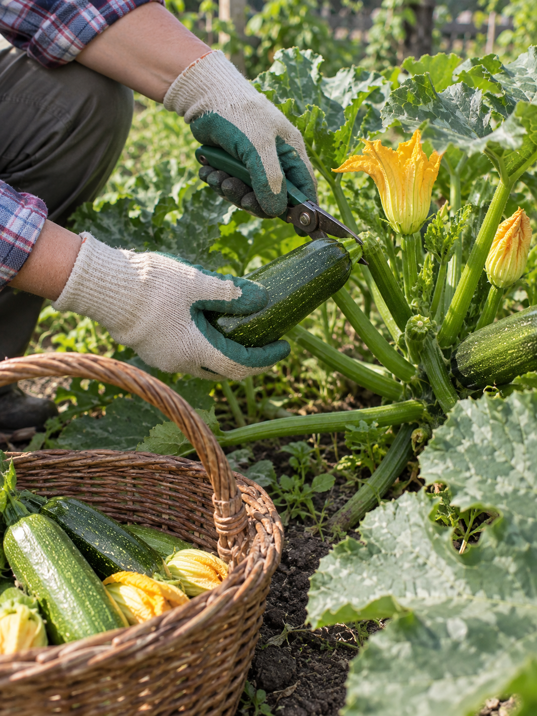 Harvesting a zucchini into a garden basket